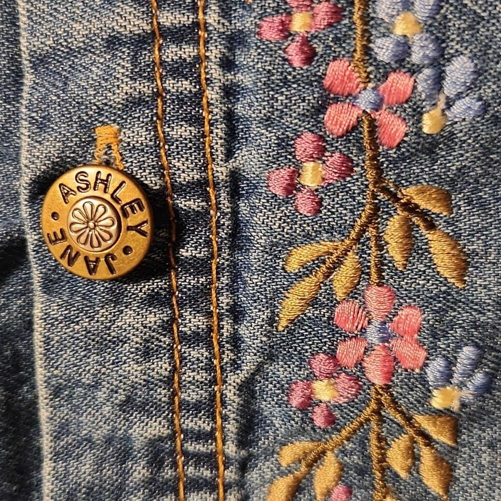 Jane Ashley Womens Vintage Denim Dress M Maxi w Floral Embridered Neck Pockets - Picture 11 of 12